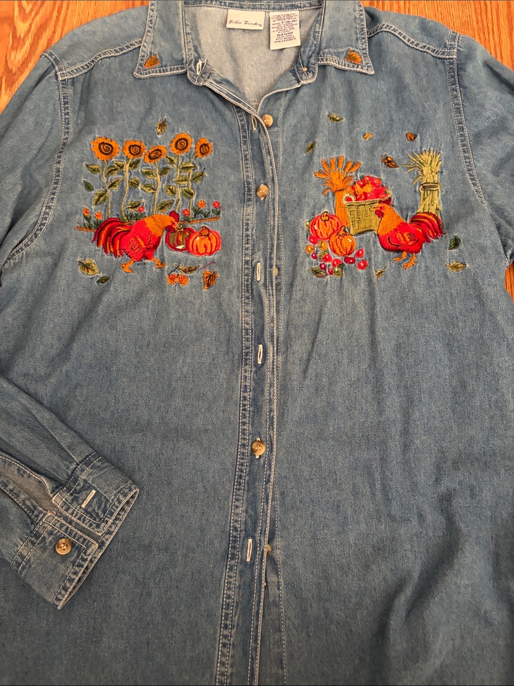 Bobbie Brooks Blue Denim  top with Fall Rooster Embroidery